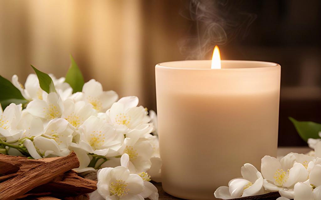 Vela de Jazmín de Noche junto a flores de jazmín, madera de sándalo y vainilla