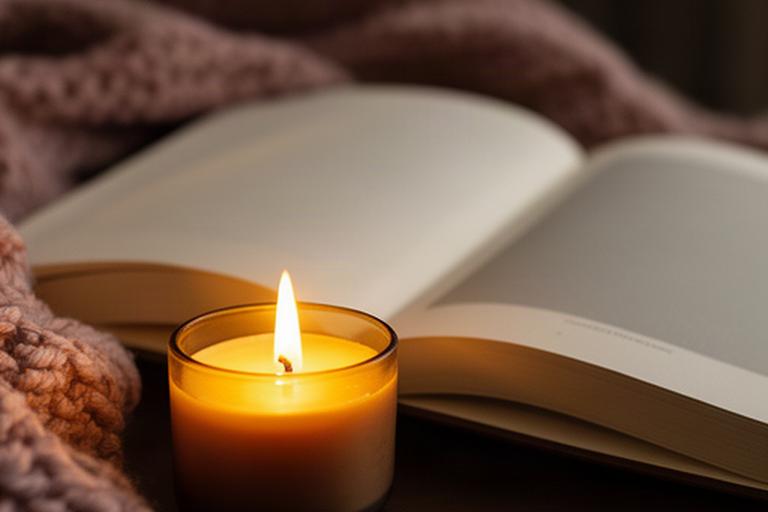 Vela votiva encendida sobre un libro abierto, con una manta suave al fondo