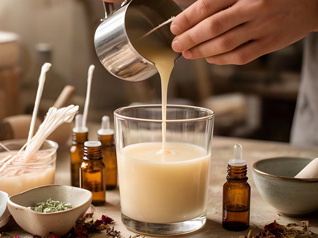 Manos vertiendo cera perfumada en un recipiente de vidrio junto a aceites aromáticos