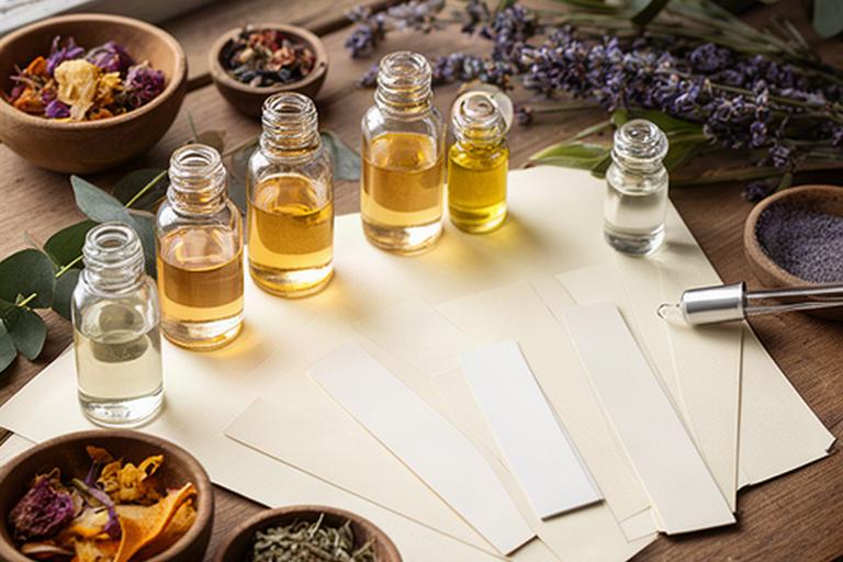Frascos de aceites aromáticos y tiras olfativas en una mesa de trabajo